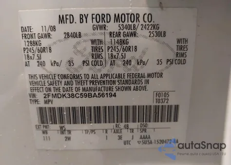 2009 Ford Edge Sel z USA, uszkodzony, nr VIN 2FMDK38C59BA56194